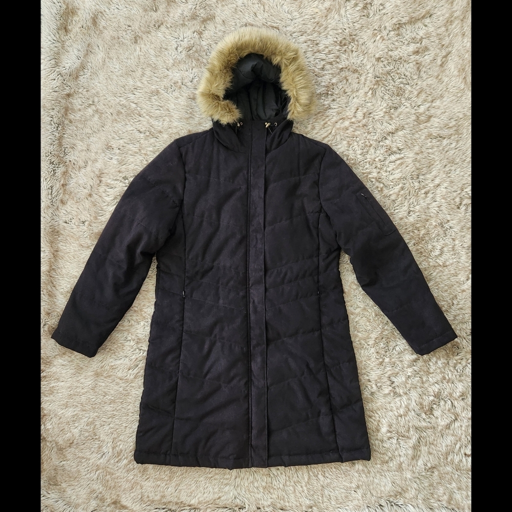L.L. Bean 3/4 Length Black Puffer Coat Fur Trim Hood Women's Size Medium Petite‎